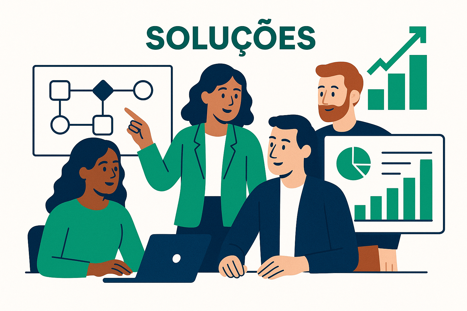 Equipe diversa colaborando em soluções de business intelligence e processos
